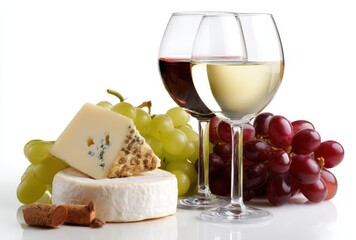 Elegant arrangement of wine glasses filled with red and white wine alongside cheese and fresh grapes on a white background for food and beverage photography