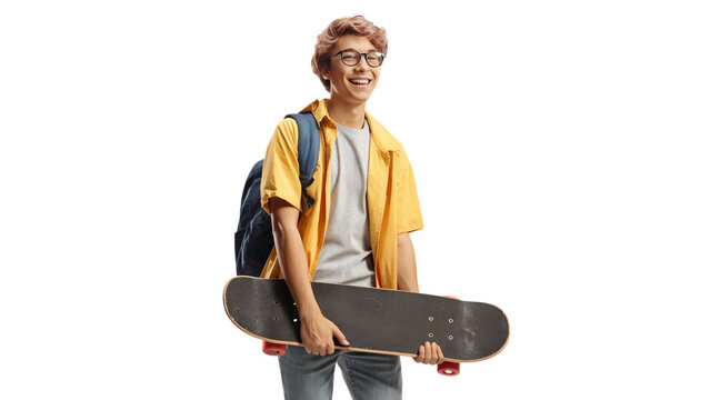 Happy teenager student with backpack holding skateboard boy fun male cool on transparent background