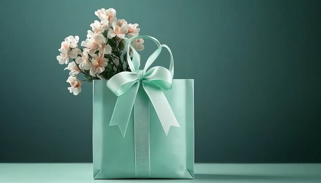 Elegant mint green gift bag with ribbon and flowers, high-resolution product photography, high detail, focus stacking, dark teal background, - Powered by Adobe