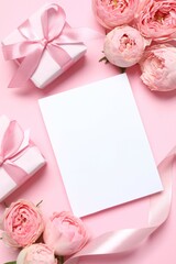 Beautiful pink peony roses gift boxes and gift box on color background, space for text
