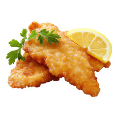 Fried fish with lemon and parsley on transparent background