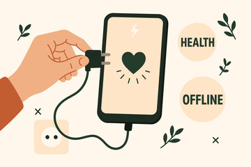 Hand Unplugging Smartphone with Heart and Offline Health Message, Digital Detox Concept for Mental Wellness, Self-Care, Technology Break, Healthy Lifestyle Illustration