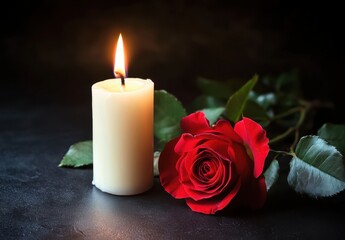 Elegant Candle and Red Rose Arrangement on Dark Background for Romantic Atmosphere, Intimate Setting, Perfect for Valentine's Day or Wedding Decor