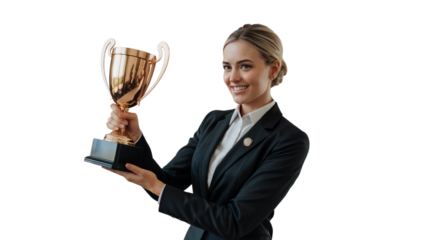 Successful businesswoman holding golden trophy award winning achievement on transparent background