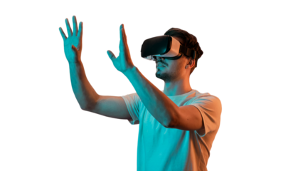Young man experiencing immersive virtual reality headset technology vr 3d on transparent background