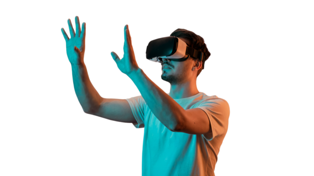 Young man experiencing immersive virtual reality headset technology vr 3d on transparent background