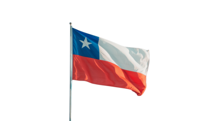 Waving Chilean National Flag on Pole isolated on Transparent Background