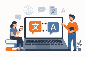 Online Translation Service Vector Illustration featuring People using Laptop and Smartphone for Multilingual Communication, Language Learning, and Global Business Support