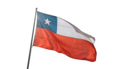 Waving Chilean National Flag on Pole isolated on Transparent Background