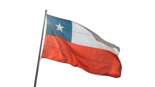 Waving Chilean National Flag on Pole isolated on Transparent Background