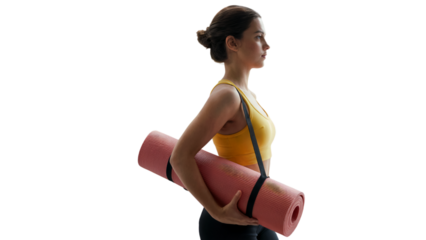 Young woman carrying yoga mat fitness exercise healthy lifestyle sport gym on transparent background