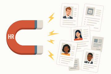 Vector illustration of an HR magnet attracting diverse candidate resumes, representing successful talent acquisition, recruitment strategies, inclusive hiring, and building a diverse workforce.