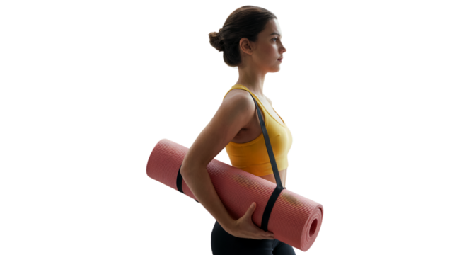 Young woman carrying yoga mat fitness exercise healthy lifestyle sport gym on transparent background