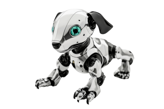 Robot dog with bright eyes on transparent background