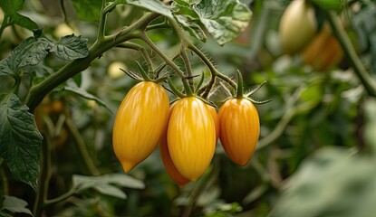 Clusters of vibrant yellow tomatoes on vine