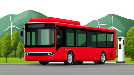Fototapeta premium Red electric bus charging at station with wind turbines and green hills