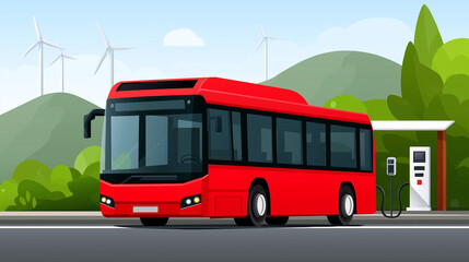 Red electric bus charging at station with wind turbines and green hills