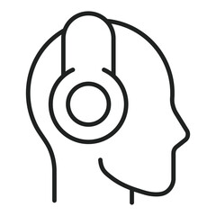 Head outline wears headphones. It shows listening or focus. Simple icon about sound or music. Editable stroke