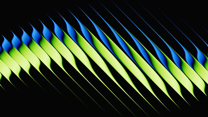 Fototapeta na wymiar 3d render, dynamic abstract geometric stripes in blue and green gradient on a black background