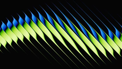 Fototapeten Farbiges Glas 3d render, dynamic abstract geometric stripes in blue and green gradient on a black background  © NeoLeo