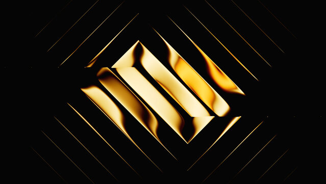 An abstract design featuring wavy golden tubes shapes against a black background. 3d rendering of ribbed glass effect.