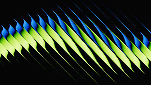 3d render, dynamic abstract geometric stripes in blue and green gradient on a black background - Powered by Adobe