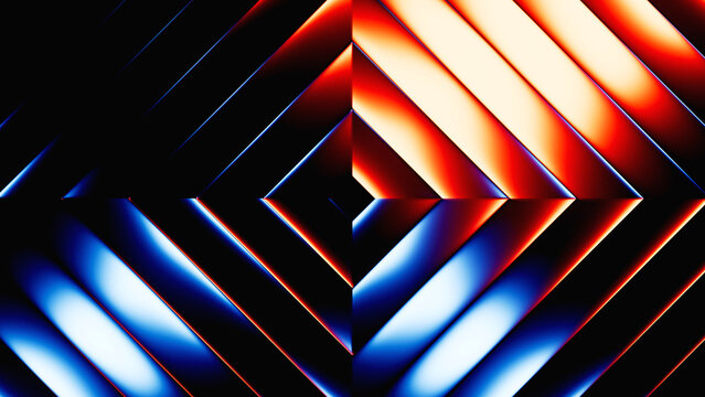 Fototapeta 3d render. Abstract neon geometric background. Metallic rhombus shape with blue red gradient. Ribbed glass wallpaper