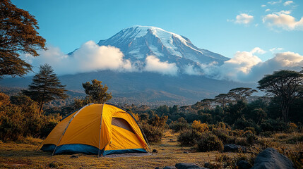 Tent camping at sunrise with majestic mountain backdrop