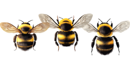 Collection of a flying bumblebee, bee and wasp isolated on a transparent background