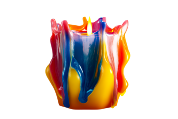 Colorful candle with melting wax design and bright flame