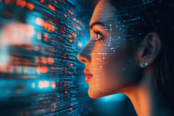 woman is looking at a computer screen with a face on it. The face is made up of computer code and he is a digital representation of a woman. Concept of technology and artificial intelligence