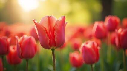 Fototapeta premium Field of Vibrant Red Tulips Glowing in Warm Sunset Light