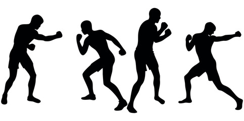 Two male boxers in dynamic fighting silhouettes, Silhouette image of people boxers in contrasting fighting stances, Celebratory Boxing Champions, boxing, champion, victory, celebration, triumph, winne