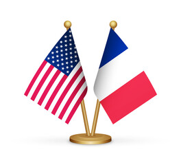 USA vs France flags mockup 3d illustration. Versus flags of United states of america and France transparent png