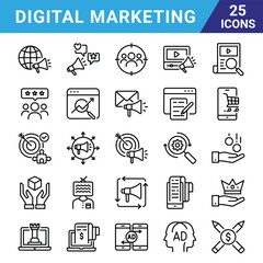 Digital Marketing icons that are suitable for any project. And change your next projects with minimalist icon design, perfect for websites, mobile apps, books, social media, infographics, flyers, 