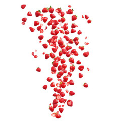 Fresh strawberries cascade from above creating a vibrant display on a white background