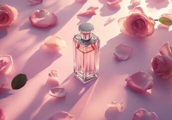 Elegant perfume bottle surrounded by delicate pink rose petals on soft pastel background, illuminating beauty and femininity in a serene setting