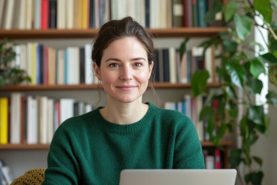 A smiling woman sits before a laptop in a home library, showcasing a serene and studious atmosphere. - Powered by Adobe