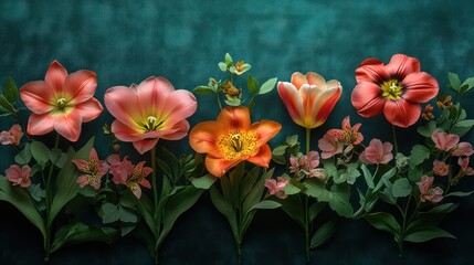 Obraz premium Vibrant flowers in a teal background, arranged, still life