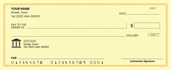 Blank check template, bank cheque vector, customizable design, printable layout, financial document.