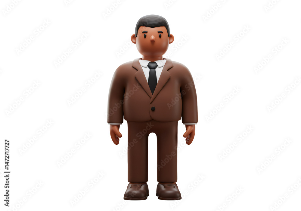 Fototapete 茶色のスーツを着た3dレンダリングの男性キャラクター 黒い背景にネクタイをしたビジネスマン 全身像 透明な背景