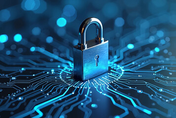 Glowing Blue Padlock Placed at the Center of a Circuit Board, Symbolizing Cybersecurity, Data Protection, and Secure Digital Connections

