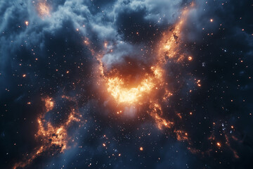 Fototapeta premium space scene with a bright orange star in the center surrounded by a cloud of blue and orange