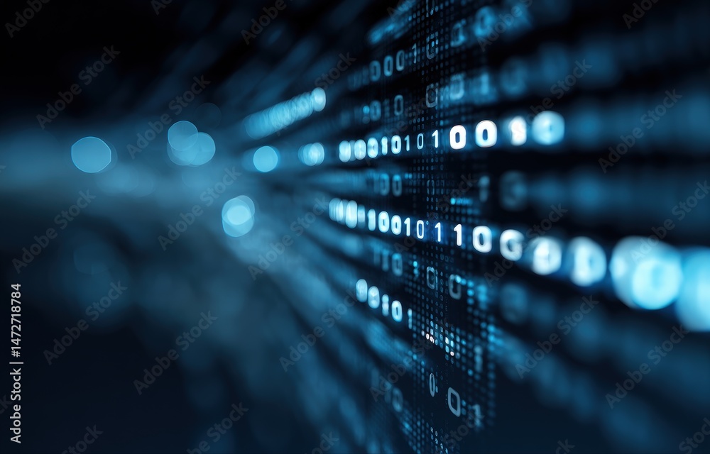 Poster Blue glowing binary digits traveling through a digital tunnel in a high-tech abstract background, ideal for illustrating big data and AI-driven networks
