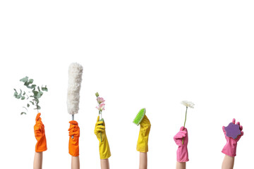 Many female hands in rubber gloves with sponges, pp-duster and flowers isolated on white background