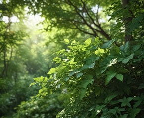 Obraz premium Soft, blurry green leaves, dappled light, lush undergrowth, branches, view, sunlight