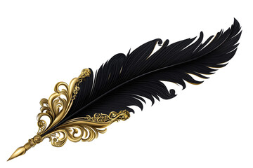 A stunning black feather quill with intricate gold embellishments