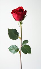 Fototapeta premium Elegant Single Red Rose with Green Leaves on White Background Perfect for Romantic Occasions, Invitations, and Gift Ideas for Loved Ones and Partners