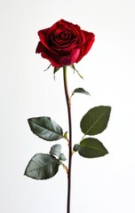 Fototapeta premium Elegant single red rose with green leaves standing tall against a plain white background, symbolizing love, beauty, and passion in nature's design