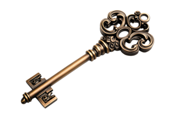 Ornate antique key with intricate design on transparent background